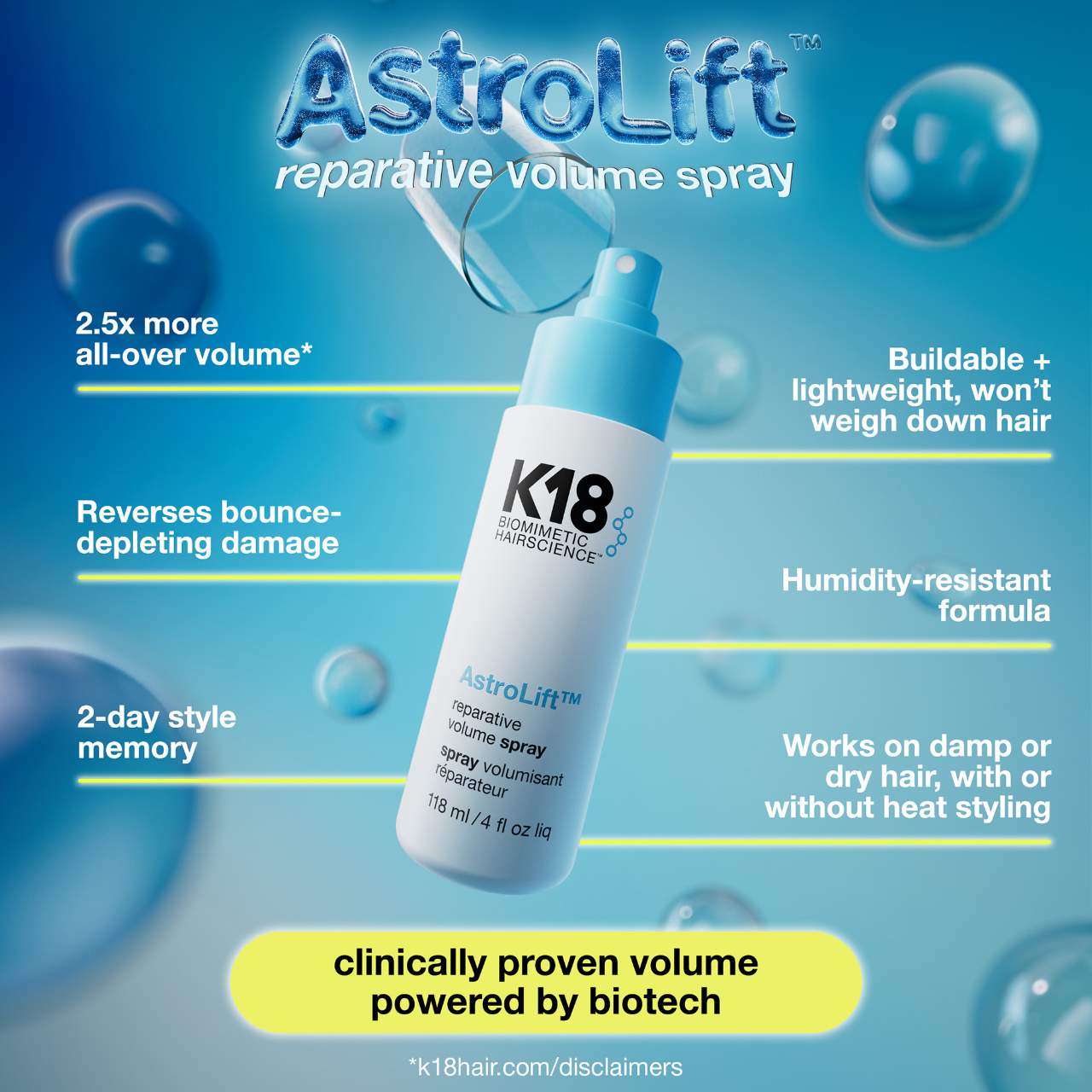 K18 Biomimetic Hairscience  AstroLift™ Reparative Volume Spray